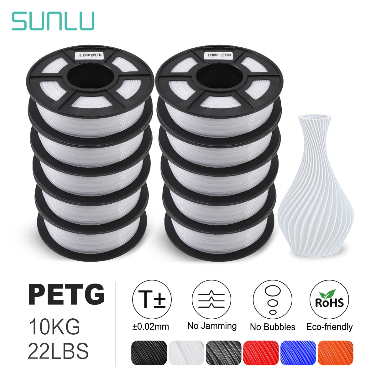 SUNLU PETG Filamento 10KG 1.75MM 22LBS Nessuna bolla Inodore Organizzare benedemente buona tenacità BIodegradabile Alta trasparenza