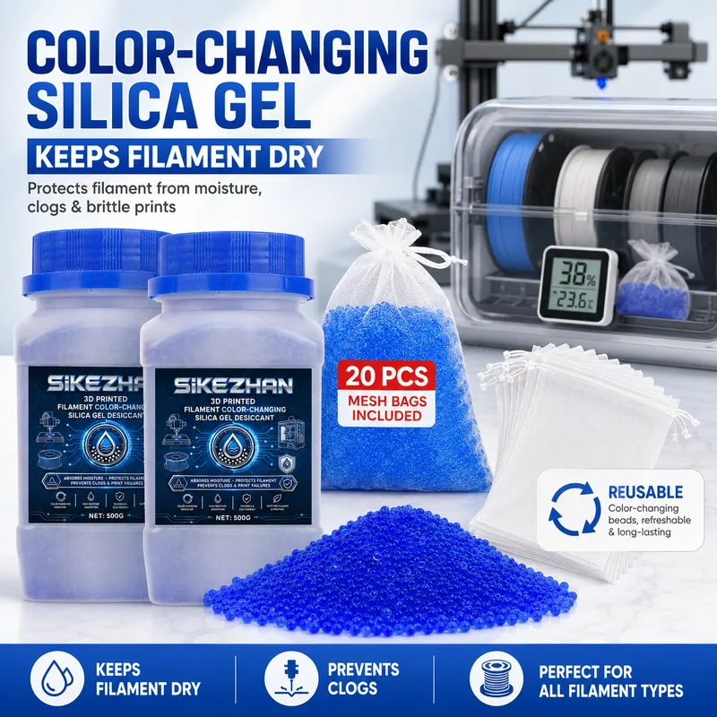 Desiccante in gel di silice per filamenti di stampanti 3D 1000g, assorbitore di umidità che cambia colore con 20 sacchetti a rete per PLA PETG ABS TPU