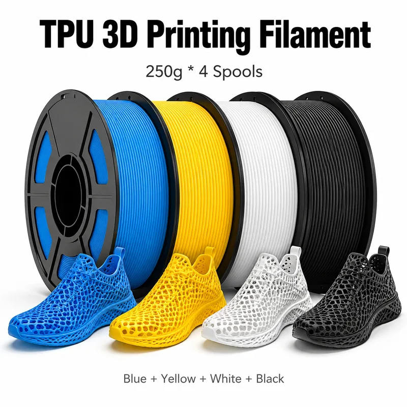 Filamento per stampante 3D in TPU flessibile 95A, 1,75 mm, bobina singola da 250 g, disponibile in 4 colori: blu, giallo, nero, bianco, per stampa 3D FDM su desktop.