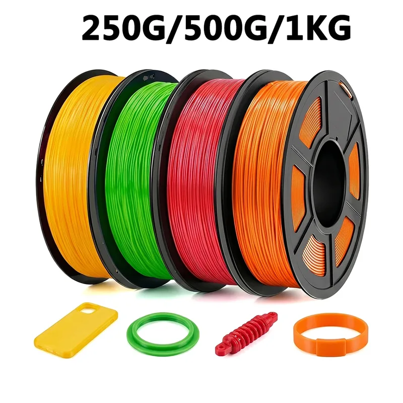 Filamento per stampante 3D TPU verde mela, giallo, arancione, rosso da 250g, 500g, 1Kg, 1.75mm, confezione sottovuoto