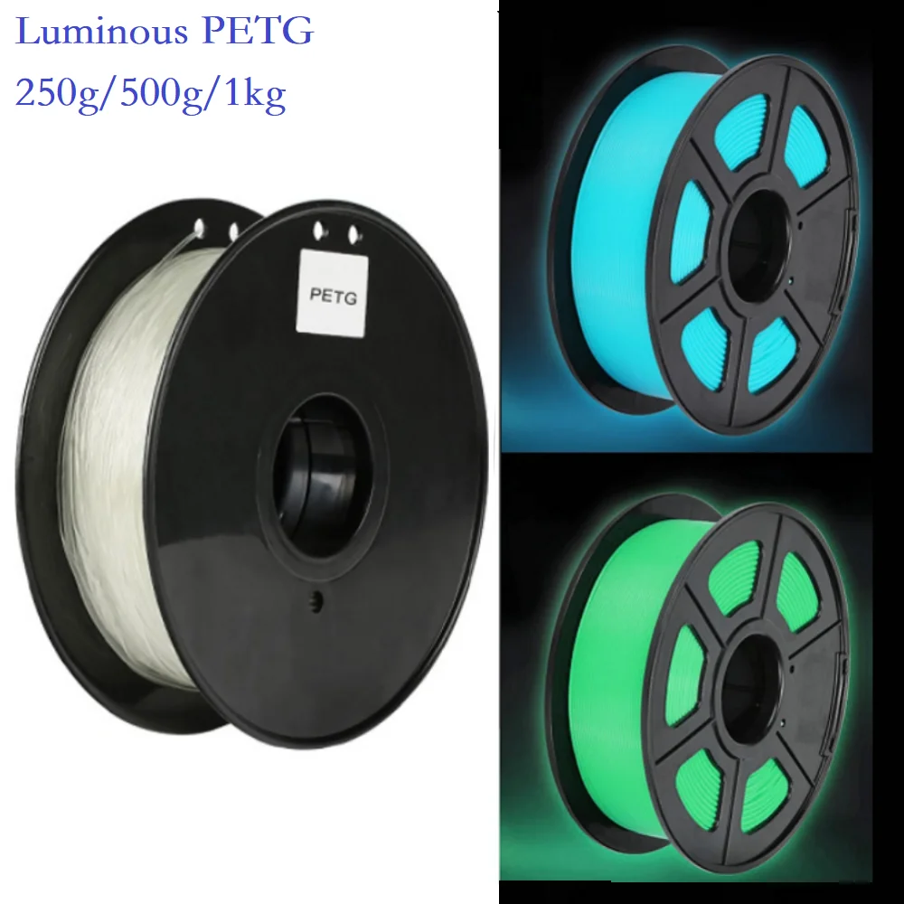 Filamento PETG Luminescente 1kg/500g/250g/200g 1.75mm per Stampante 3D, Alta Resistenza, PETG Traslucido Blu Verde Giallo