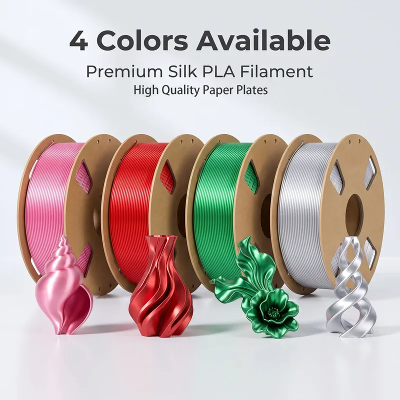 Filamento PLA Setoso per Stampante 3D 1,75mm, Materiale di Stampa 3D ad Alta Lucentezza Compatibile con Stampanti 3D FDM, Rosa Rosso Verde Argento