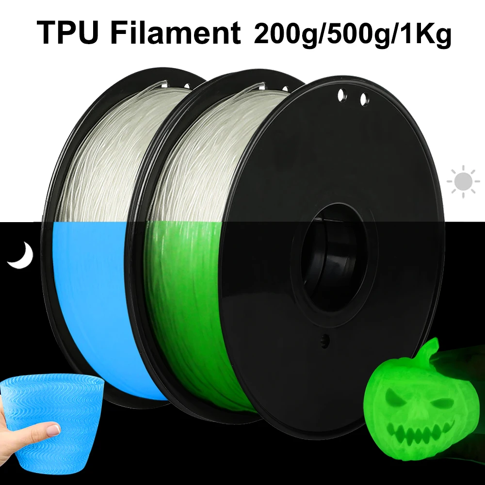 Filamento per stampante 3D TPU da 200g/1Kg, blu luminoso al buio, verde luminoso per sublimazione, 1.75mm, materiale flessibile per stampa 3D.