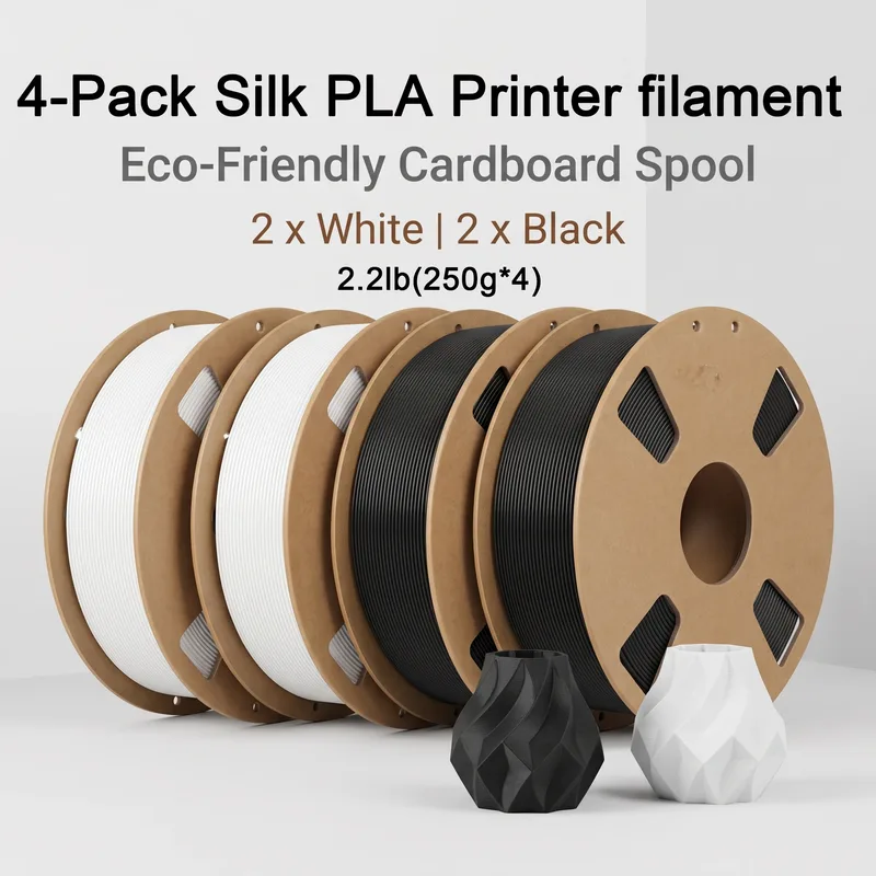 Filamento PLA Effetto Seta, Superficie Lucida, Diametro 1,75mm, Filamento per Stampa 3D Lucido, Disponibile in 200/250/500/1000g, Nero/Bianco