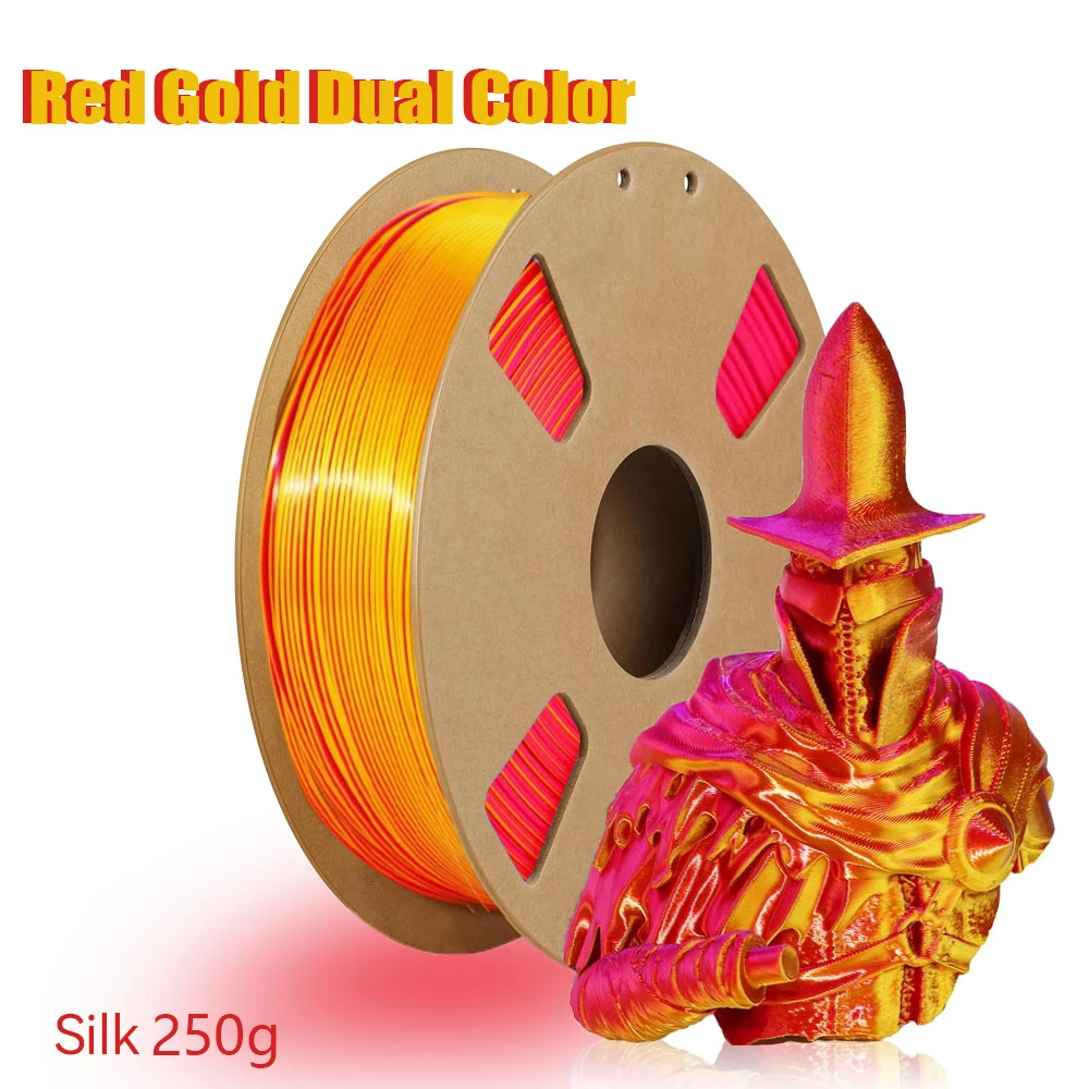 Filamento PLA Bicolore Effetto Seta 1.75mm, Liscio e Lucido, Bobina da 200g/250g/500g/1000g, Rosso-Oro per Cosplay e Decorazioni Domestiche