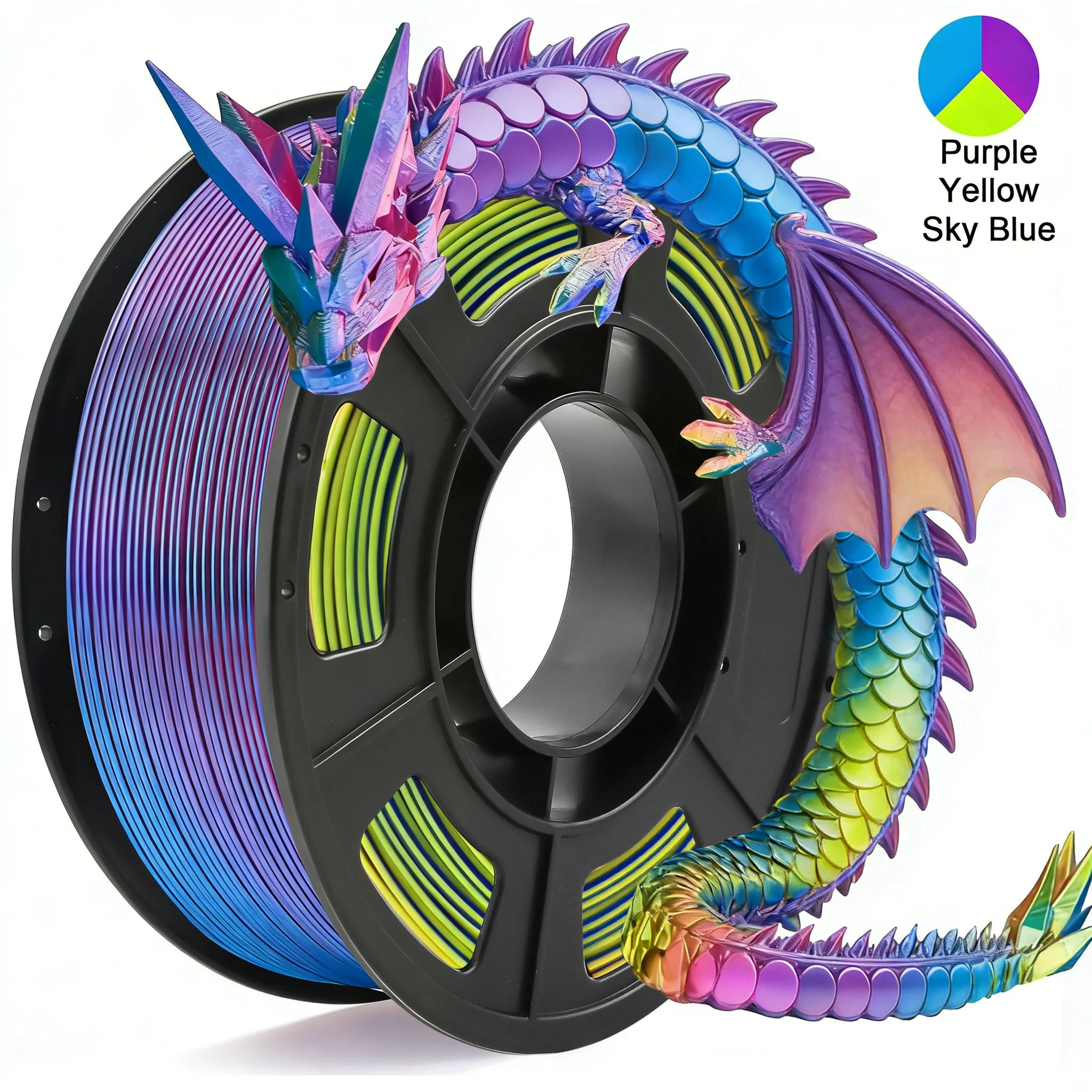 Filamento per Stampante 3D in PLA Seta Tricolore, 1.75mm Multicolore, Viola, Azzurro e Giallo, 250g (0.55 libbre)