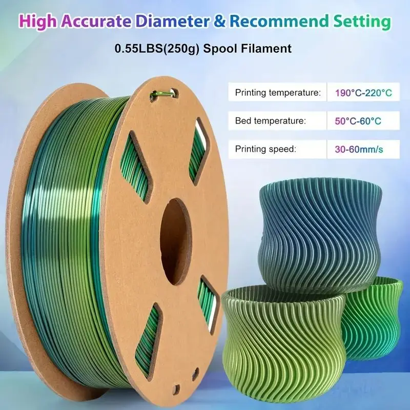 1 pz filamento PLA di seta reale 1.75mm, gradiente arcobaleno, filamento stampante 3D, 250g/0,55lb, alta precisione +/-0.02mm, verde foresta