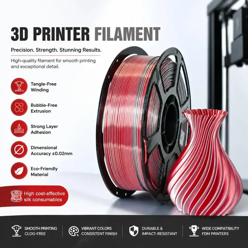 Filamento PLA per Stampante 3D 1.75mm, Rosso Argento Bicolore Effetto Seta, Materiale per Accessori di Stampa 3D