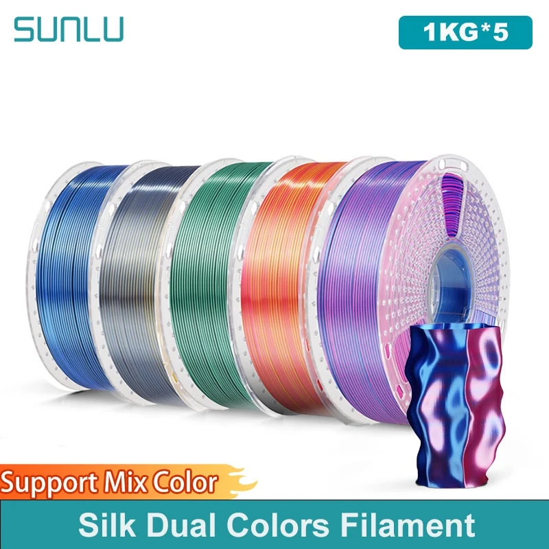 SUNLU 5KG Seta PLA Plus Doppi Colori Filamento 1KG 1.75mm Pla + Rabinbow Doppi Colori Filamento 3D Neatamente Ferita per Stampante 3D