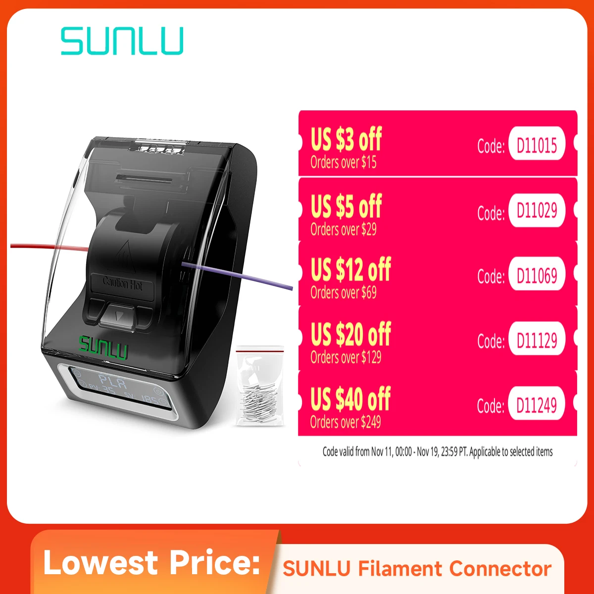 SUNLU Filamento Connettore 1.75mm Filamento Saldatura Veloce Per PLA/PETG/TPU/ABS/PA/Nylon 200 Pz PTFE Manicotto filamento Giuntatrice