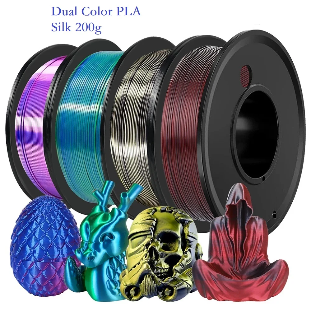 200G Doppio Colore Filamento Seta PLA 1.75mm FDM Stampante 3D Materiale plastico Filamento lucido PLA Multicolor Nero Rosso Blu Oro