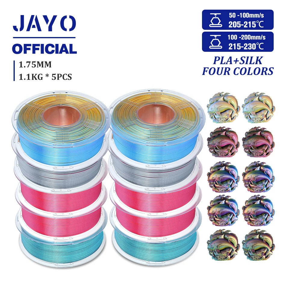 Filamento per stampante 3D JAYO Silk PLA + 1,75 mm Colore quadruplo 5 rotoli Filamento per stampante 3D PLA in seta Filamento effetto davanzale lucido