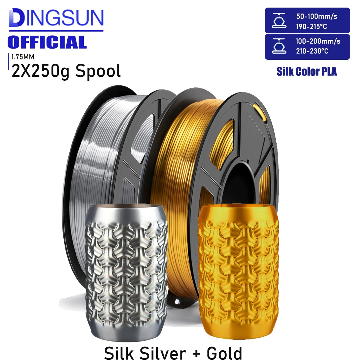 Filamento per Stampante 3D, Filamento PLA Effetto Seta Oro/Argento, Bobina da 250g (0,55 libbre), Precisione Dimensionale 1,75mm +/- 0,03mm, Filamento per Stampa 3D