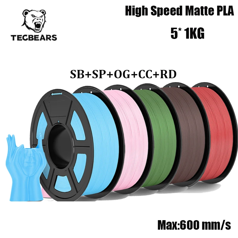TECBEARS Filamento per stampante 3D PLA opaco ad alta velocità da 5 kg/5 rotoli Set di filamenti opachi PLA da 1,75 mm Matte ad alta tenacità per filamento 3D