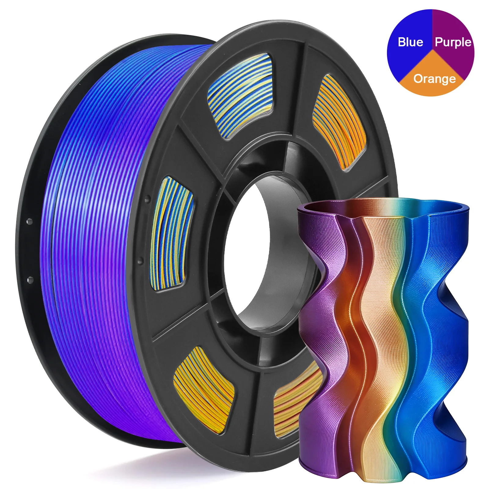 Filamento per Stampante 3D in PLA Seta Tricolore, 1.75mm Multicolore, Blu&Viola&Arancione, 250g (0.55 libbre)