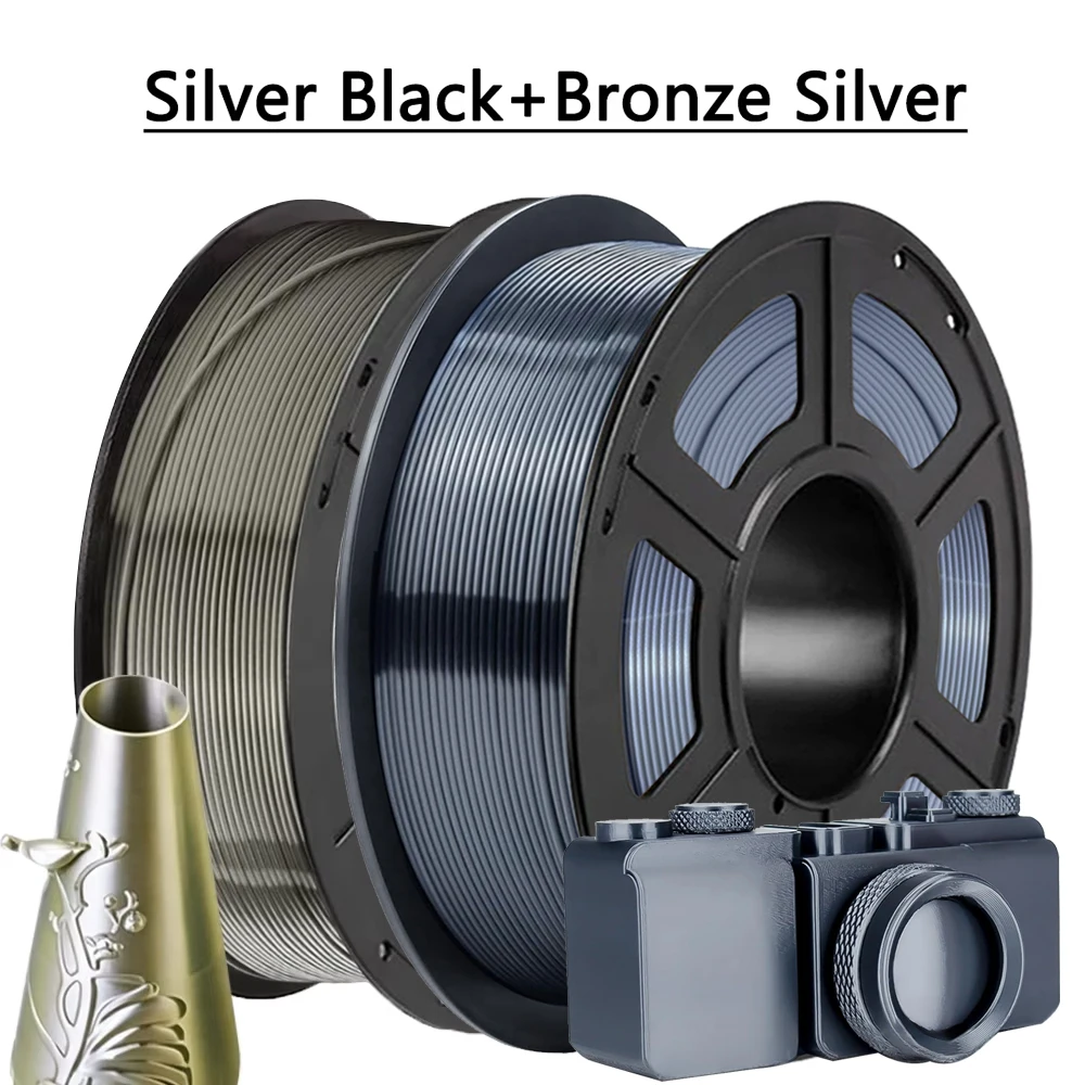 Filamento per Stampante 3D PLA Bicolore Effetto Seta Nero Argento e Argento Bronzo 250g 500g 1Kg 1.75mm per Materiale di Stampa 3D