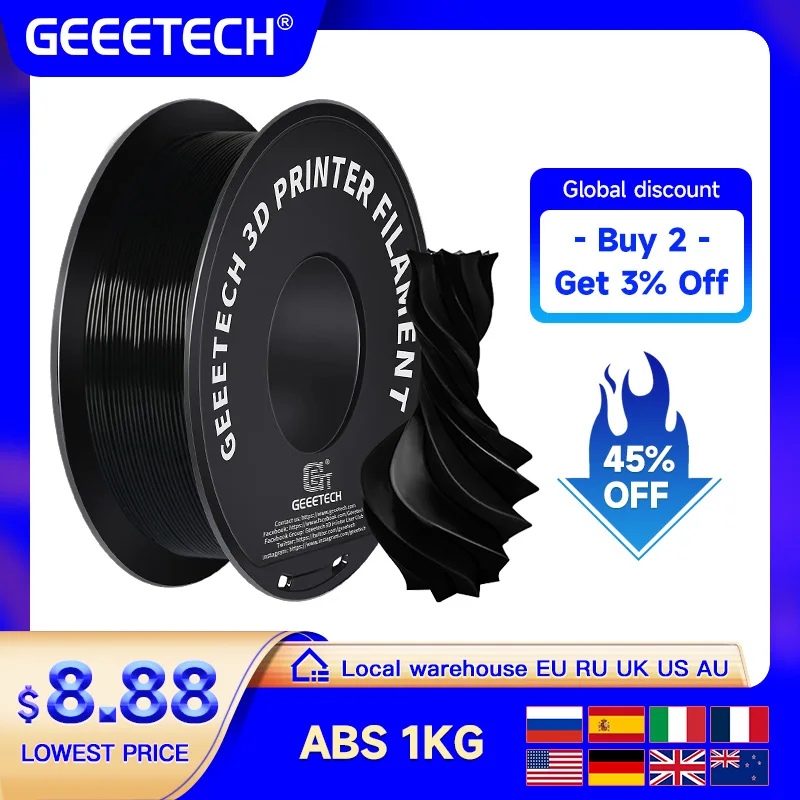 Geeetech ABS+filamento 3D 1,75 mm 1 kg in plastica, materiale per stampante 3D, senza grovigli, non tossico, confezione sottovuoto bianco nero rosso blu